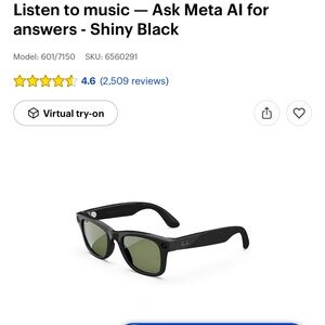 Meta Ray-Ban Wayfarer Shiny Black Smart Glasses with Green Lenses (G-15). Gen 1